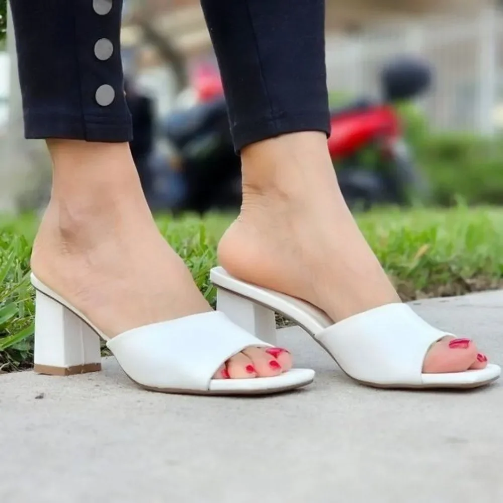 Women Square Toe Sandals Slip On White Color - Picture 2 of 5
